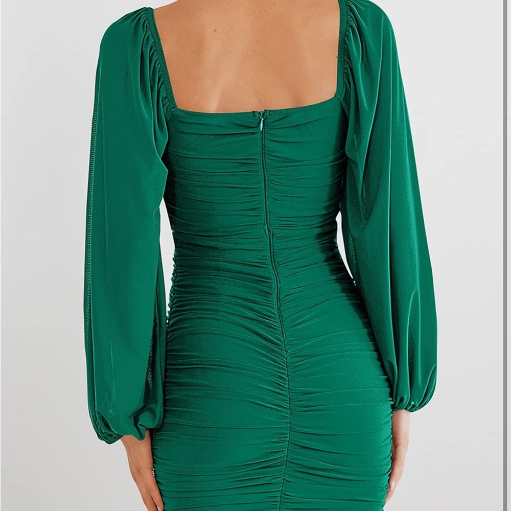 Amazon Green Ruched Bodycon Mini Dress with Bishop Sleeves - Picture 2 of 3